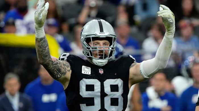 Las Vegas Raiders defensive end Maxx Crosby (98) reacts after a defensive stop against the New York Giants during the first half of an NFL football game, Sunday, Nov. 5, 2023, in Las Vegas. (AP Photo/Rick Scuteri)